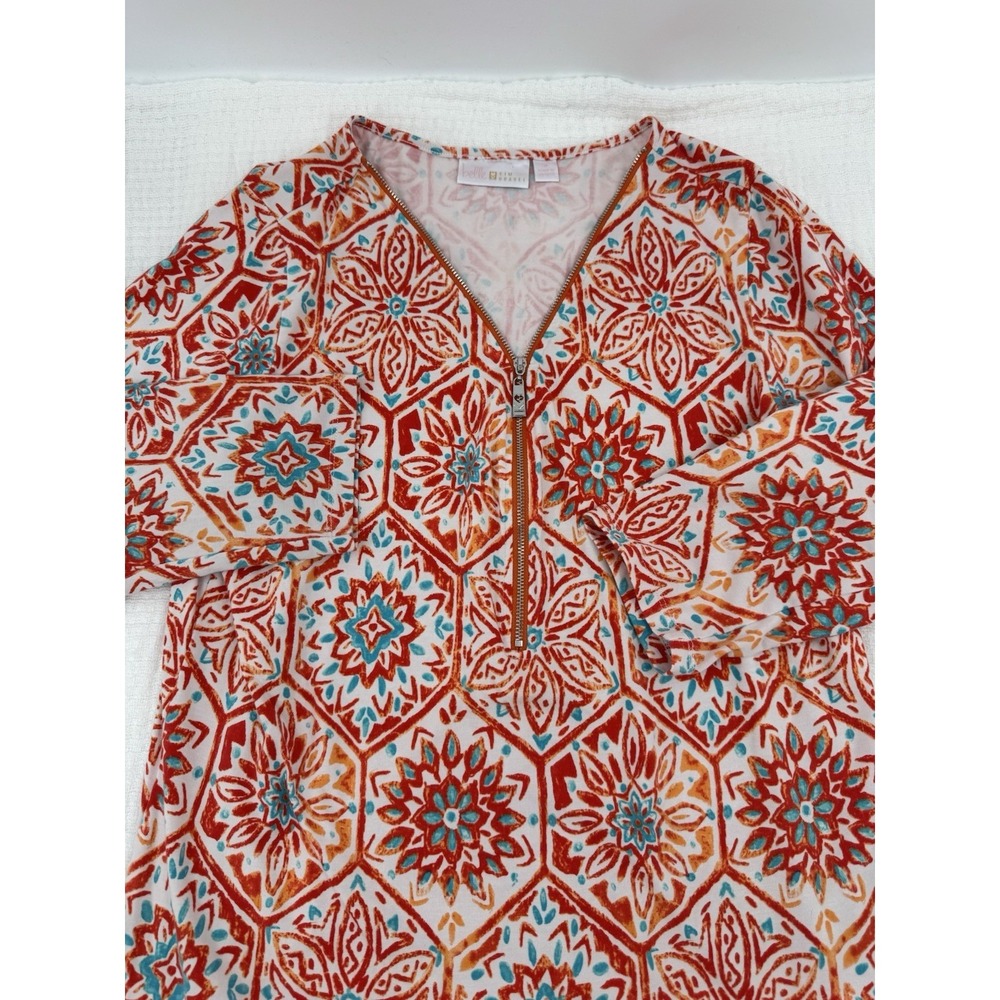 Belle by Kim Gravel TripleLuxe Knit Signature Zip Printed Top Boho Vibrant Sz M